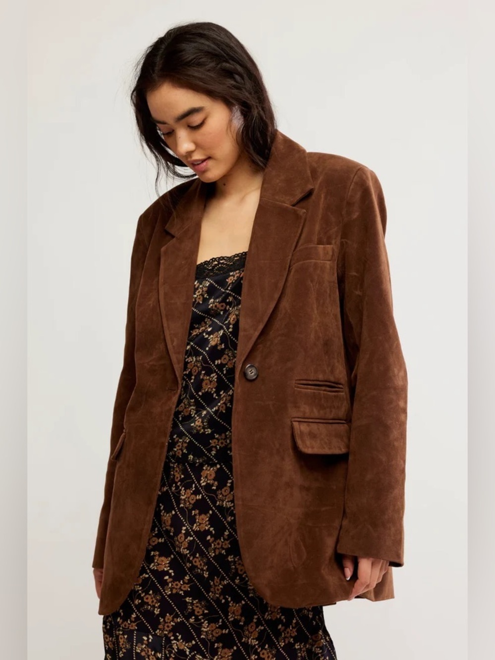 NWOT Free People Paper Cut Vegan Suede Blazer Brown Oversized Small